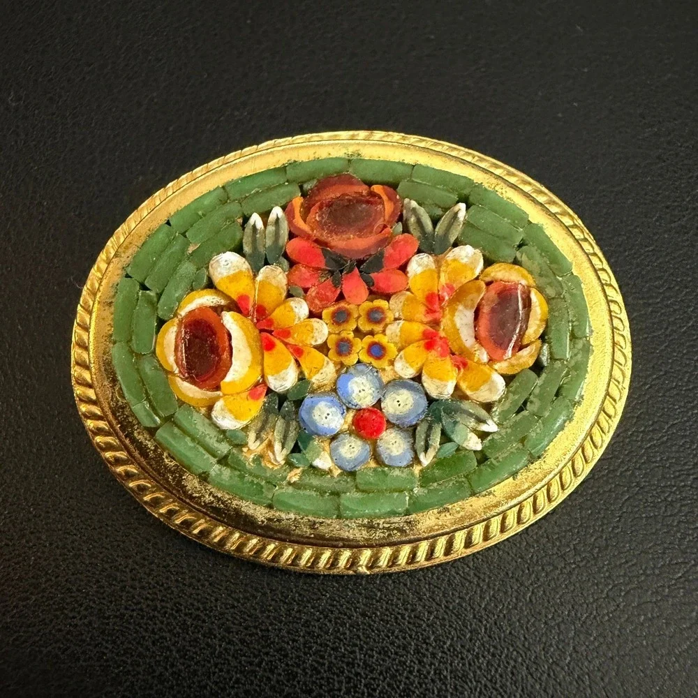 Vintage Micro Mosaic Brooch Green